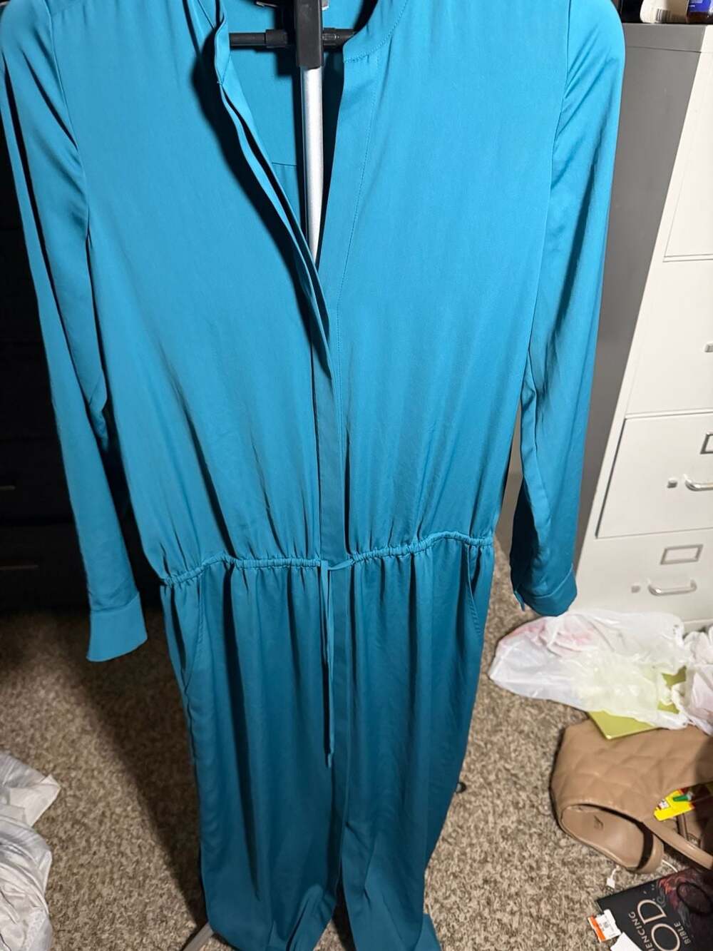 Vince Teal Blue Long Sleeve Drawstring Waist Jumpsuit Size S